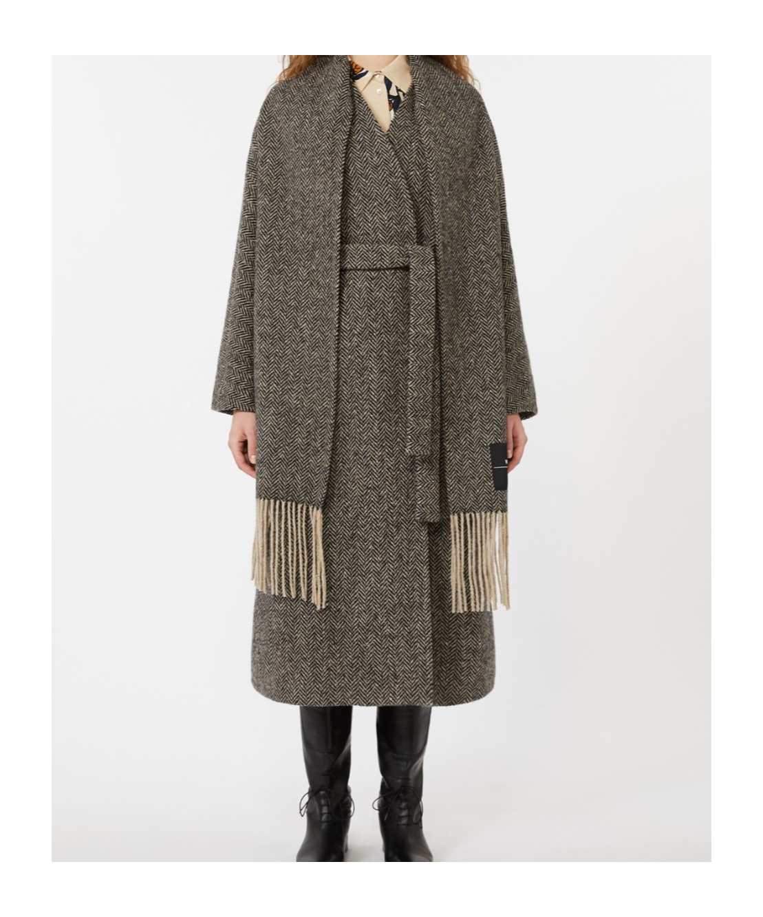 Weekend Max Mara Zenica Scarf Detail Herringbone Tweed Wool Blend Coat In Gray