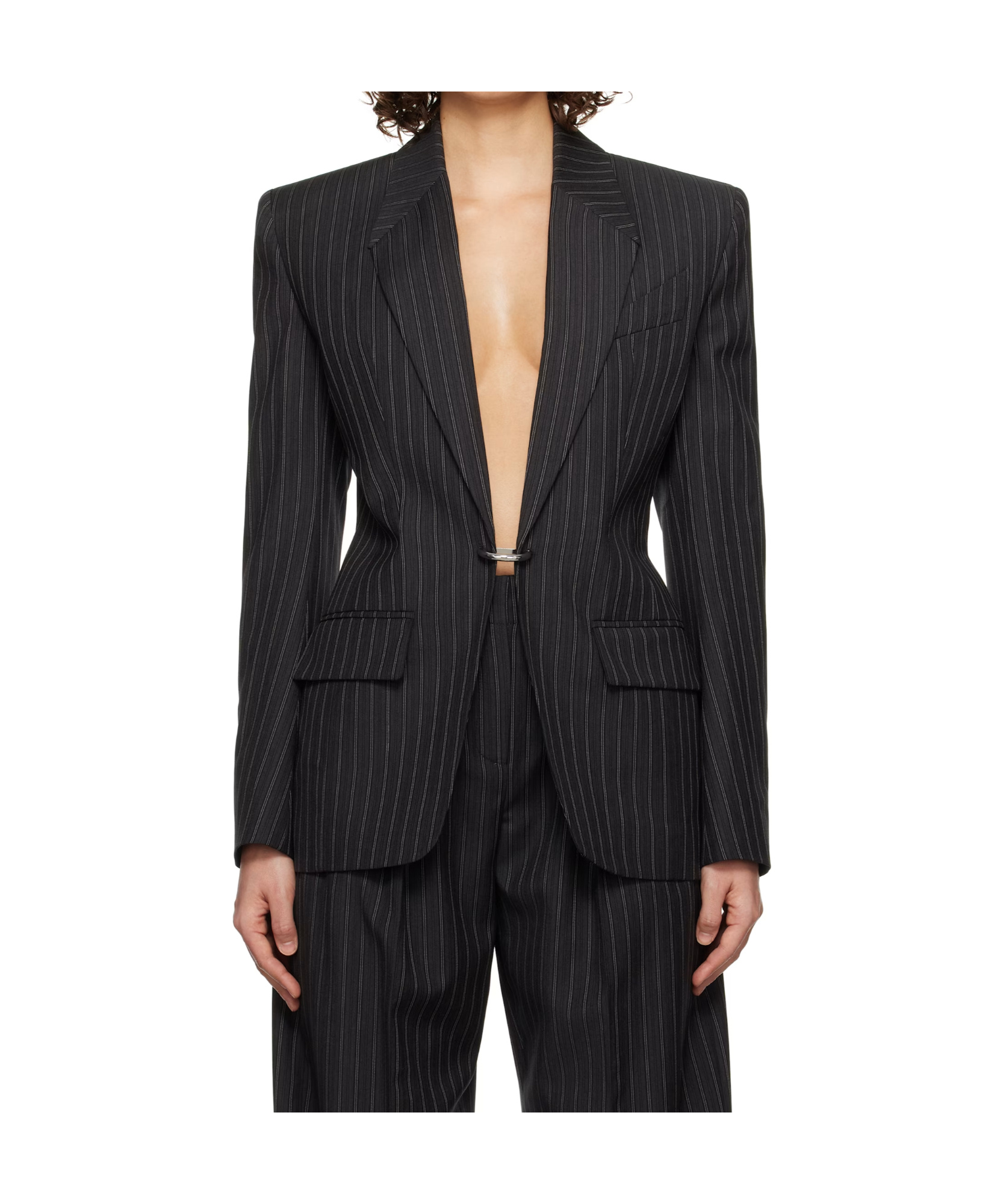 Mugler Black Pinstripe Pierced Tailored Blazer In Black