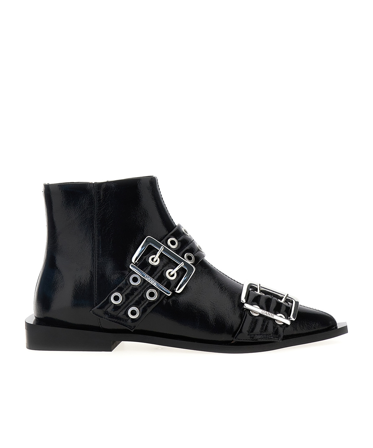 Ganni Black Wide Belt Buckle Ankle Boots In Black