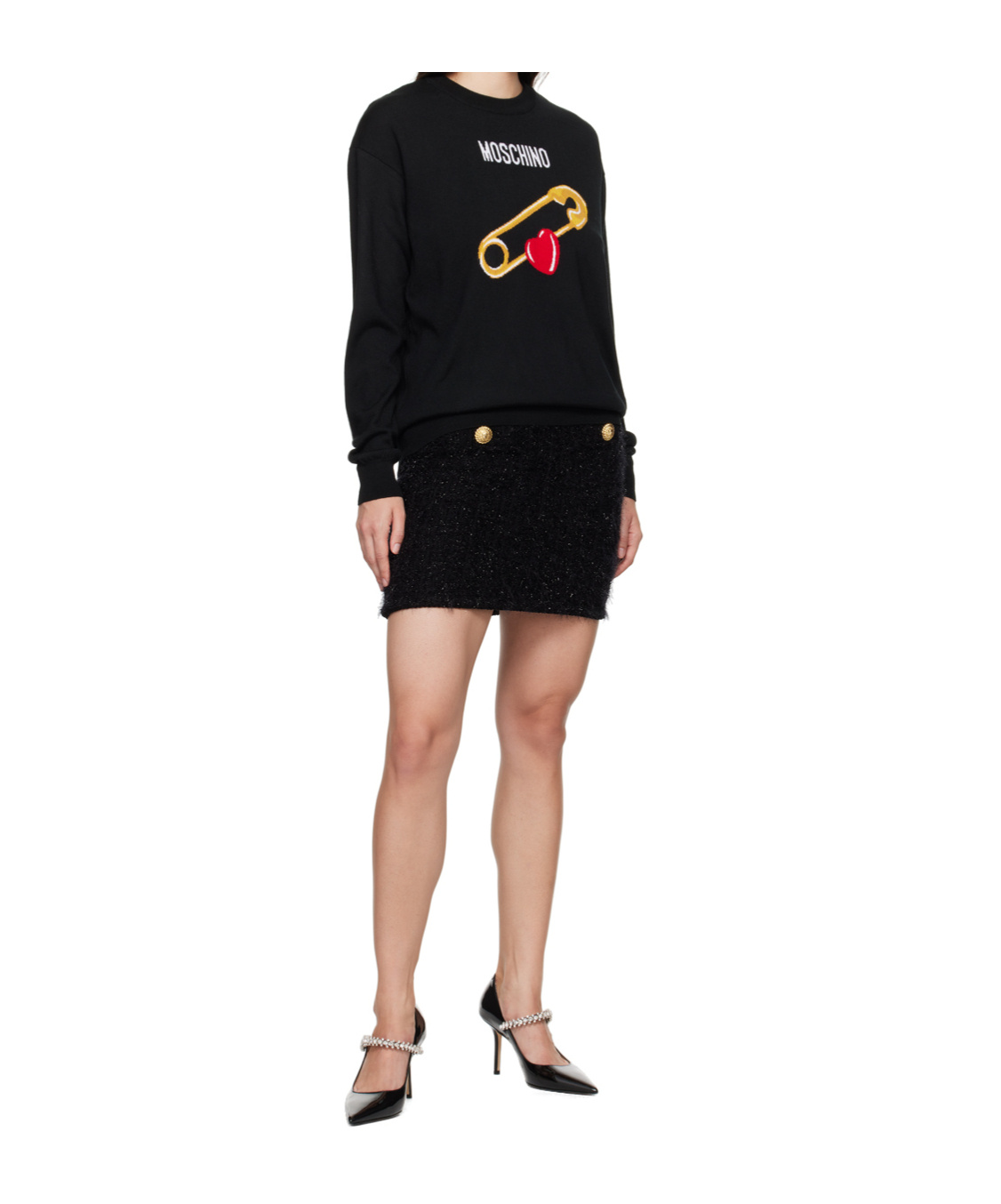 Moschino Black Intarsia Heart Safety Pin Sweater In Black