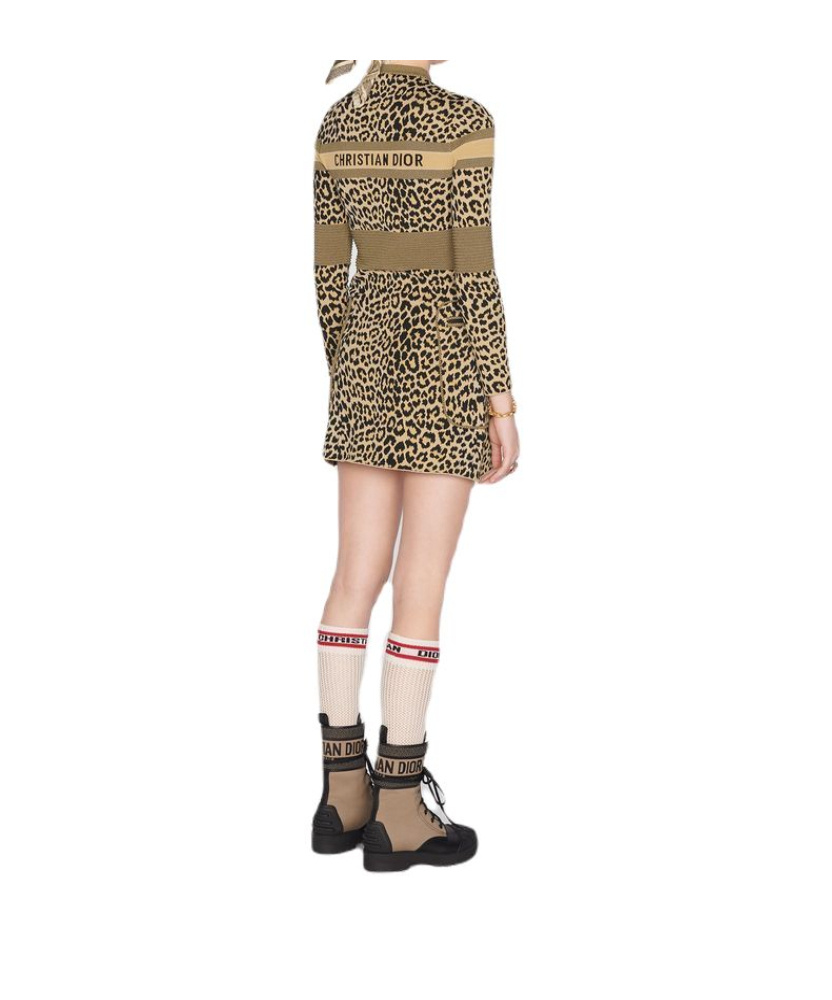 Dior Wang Ziwen's Same Leopard-print Long-sleeved Dress In Multicolor
