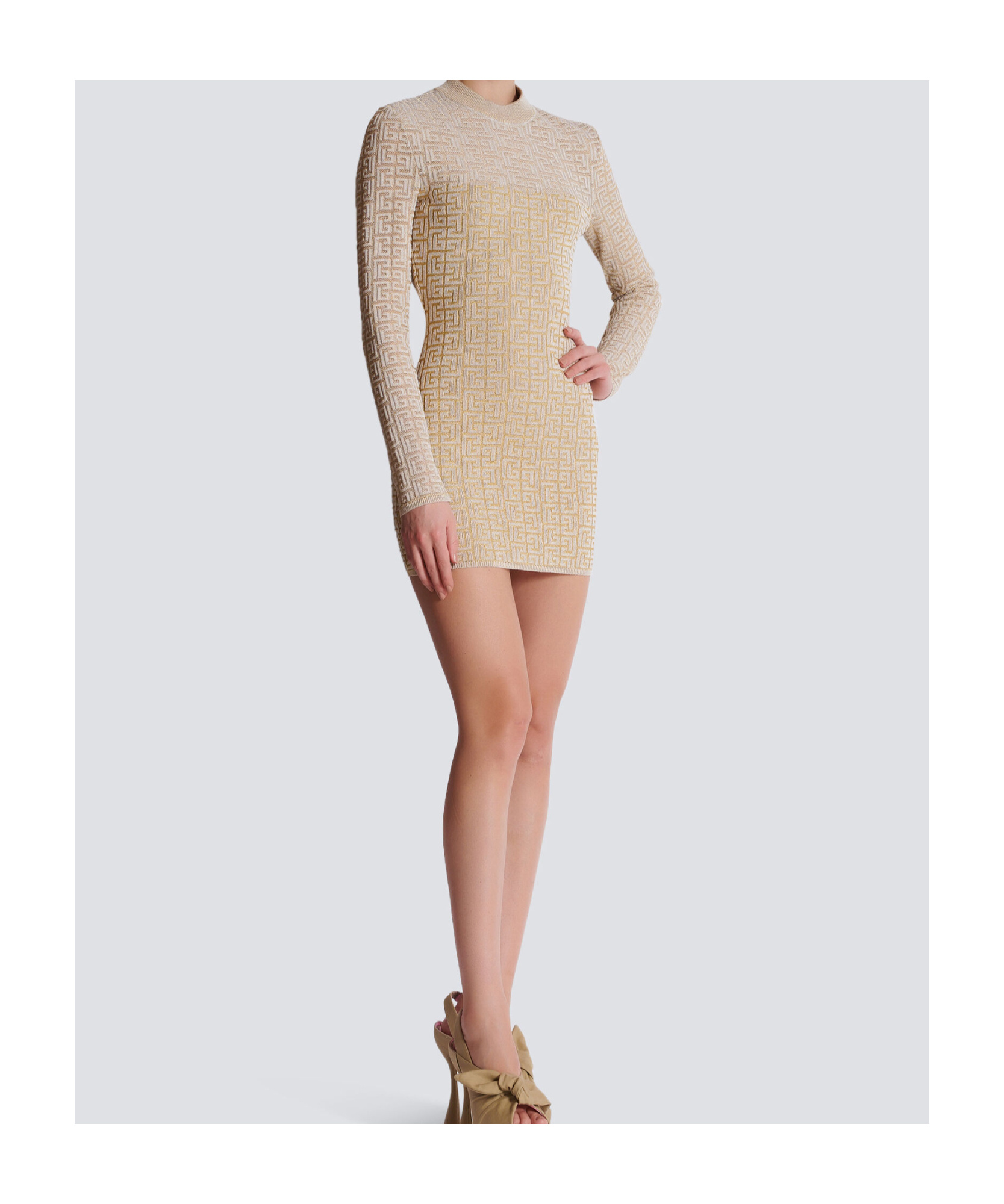 Balmain Labyrinth Monogram Long-sleeved Dress In Nude