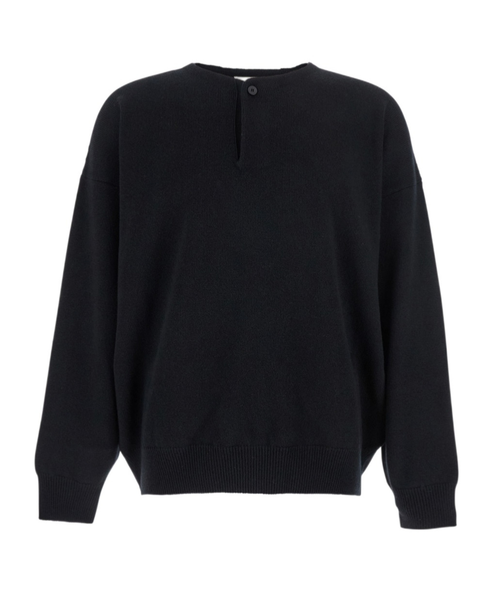 Fear Of God Henley Black Crewneck Sweater With Logo Patch On The Rear In Wool Man In Black