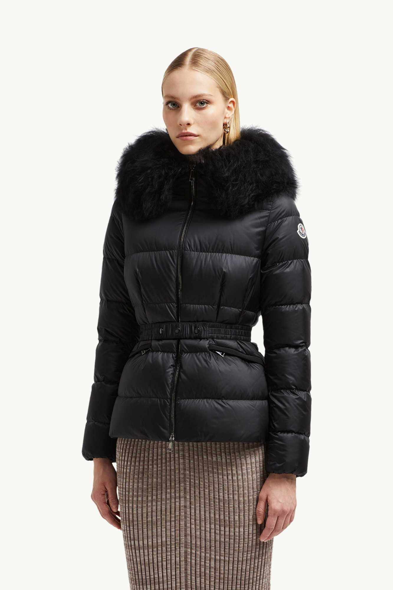 Moncler Boed Hooded Shearling-trimmed Short Down Jacket In Black