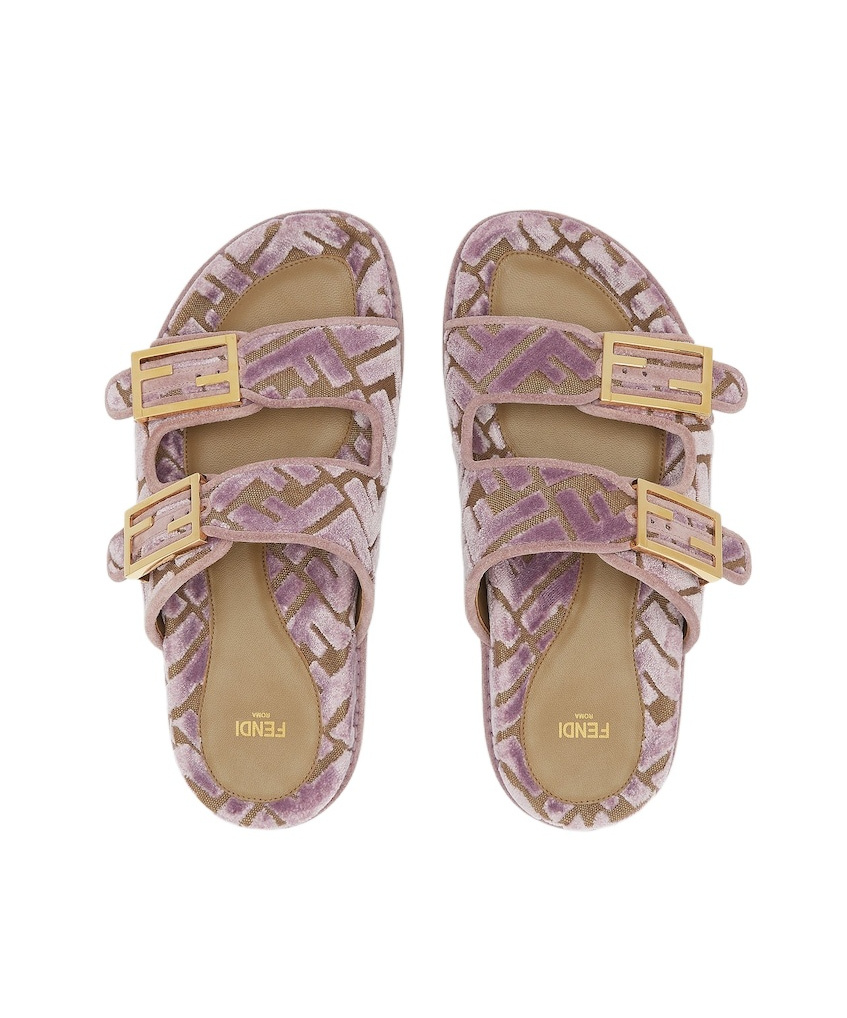 FENDI MAUVE PINK FF JACQUARD VELVET SLIDES