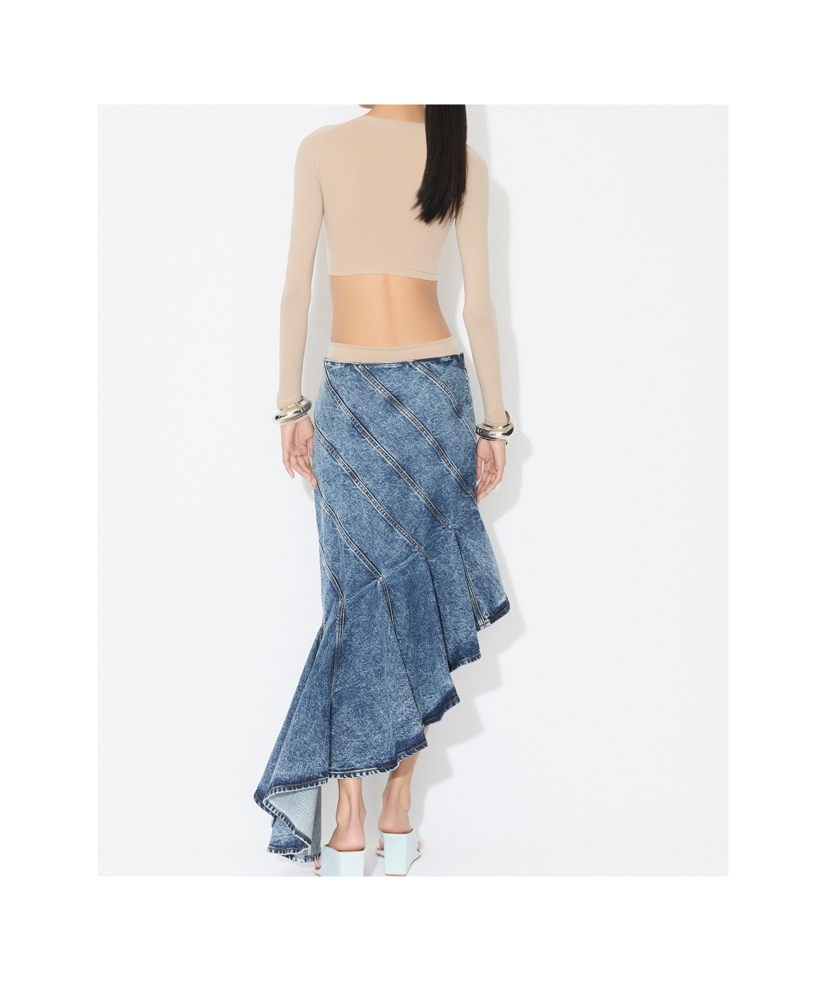 Alaïa Spiral Design Denim Midi Skirt With Hem In Blue