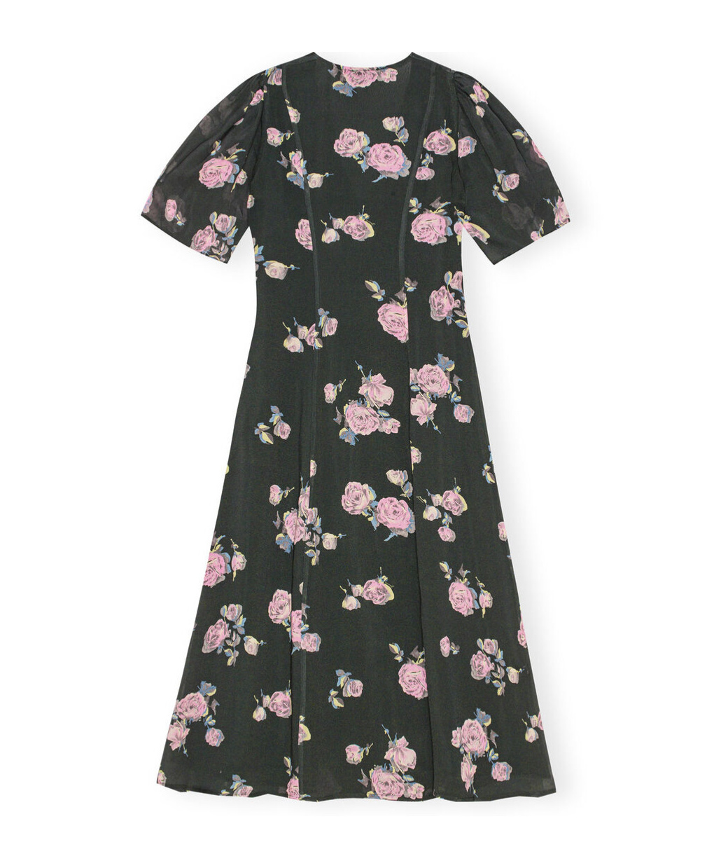 Ganni Floral-print Crepe Wrap Midi Dress In Black