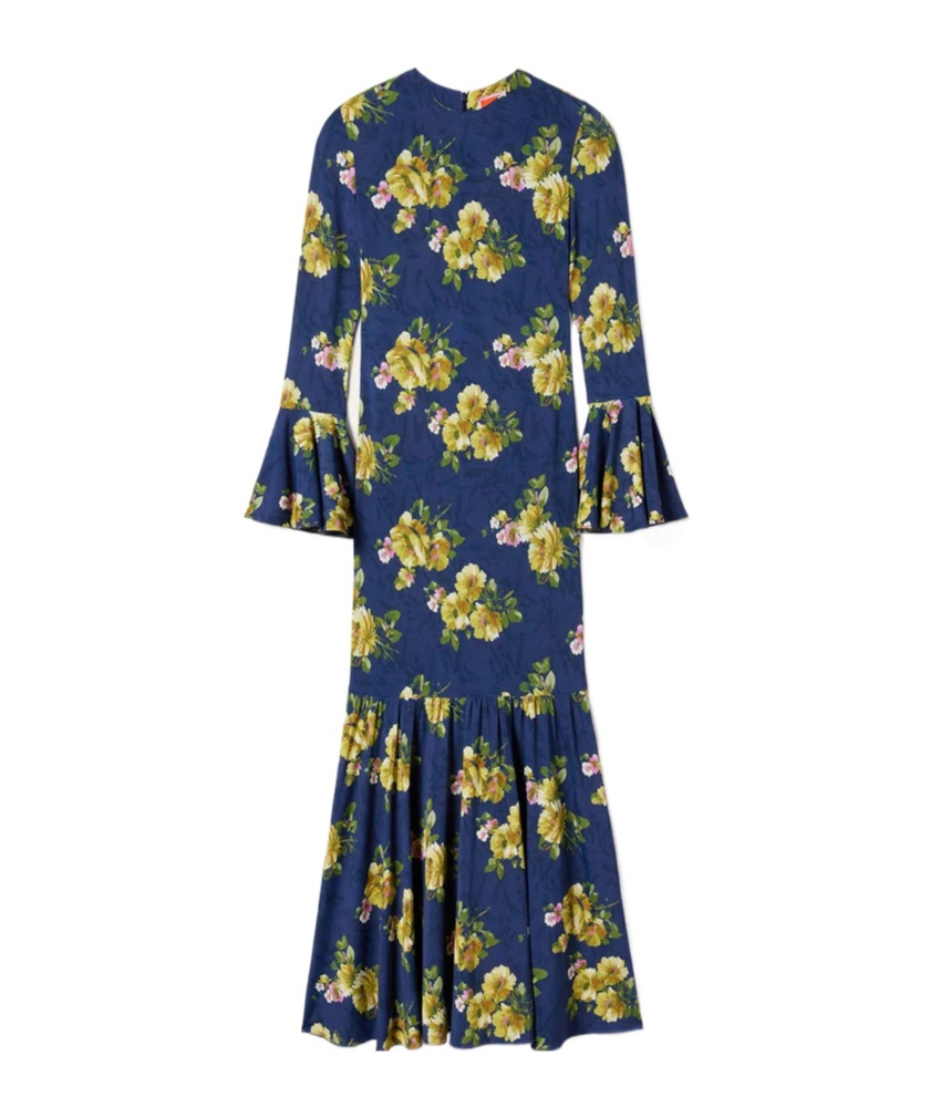 La Doublej Floral Bell-sleeve Midi Dress In Blue
