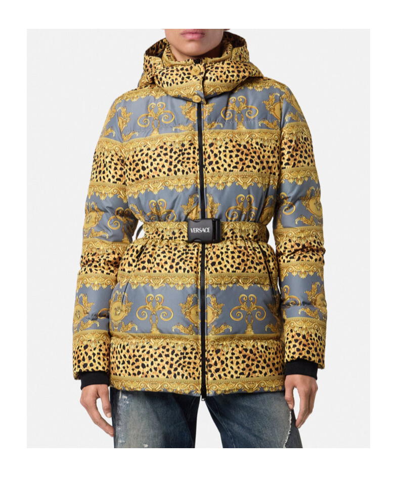 Versace Duvet Stripes Lace-up Down Jacket In Yellow