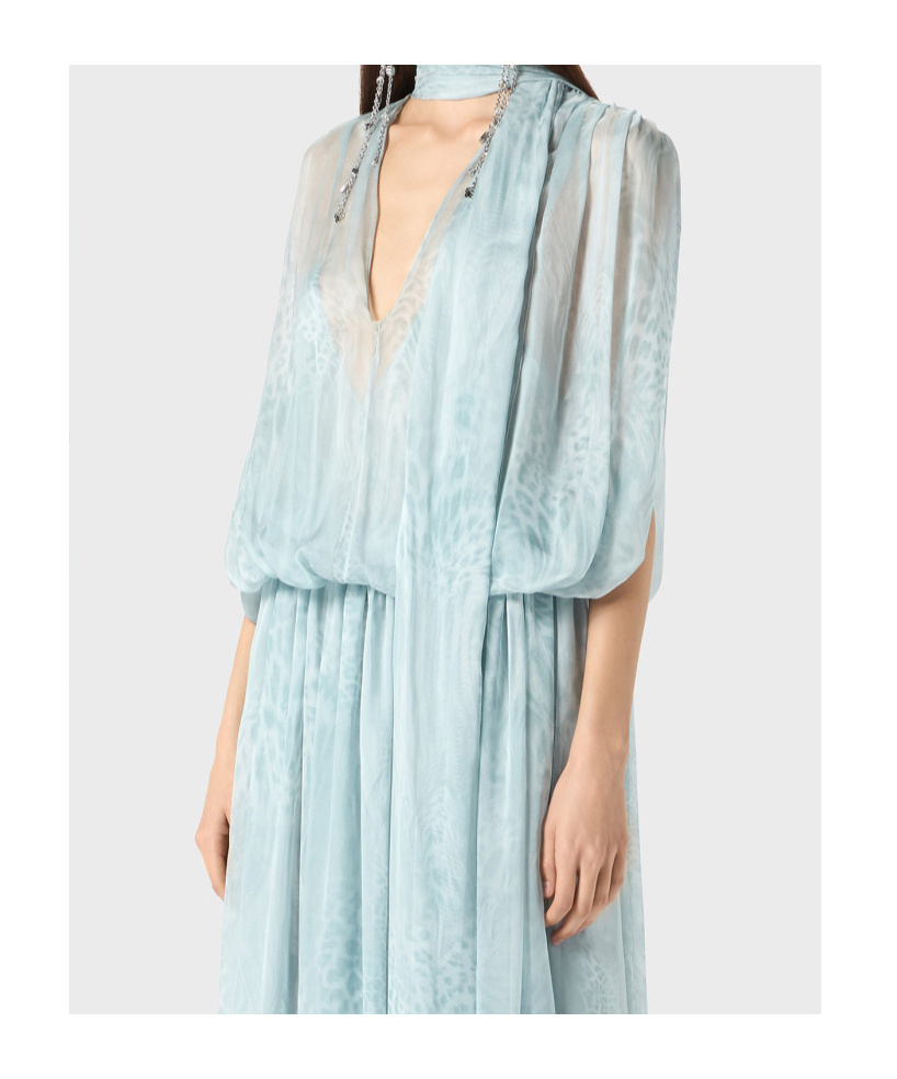 Blumarine Printed Chiffon Long Dress In Light Blue