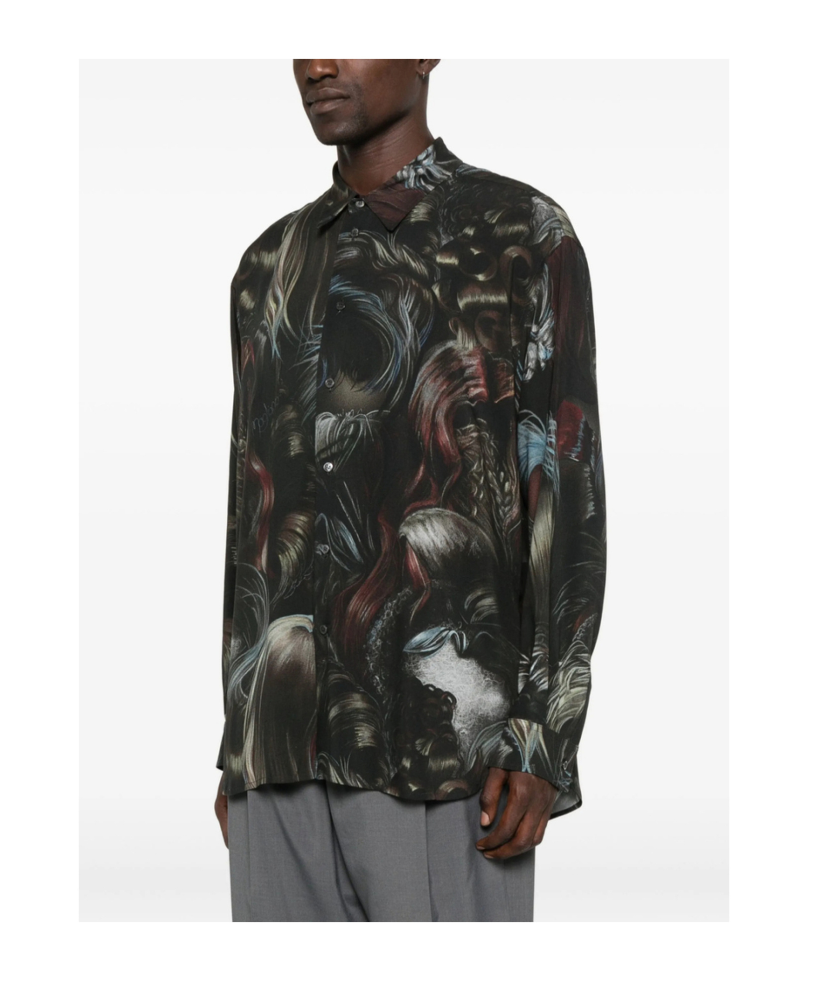 Magliano Wig Motif All-over Print Shirt With Asymmetric Hem In Black