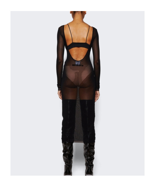 JEAN PAUL GAULTIER FLOCKED-LOGO MESH MIDI DRESS