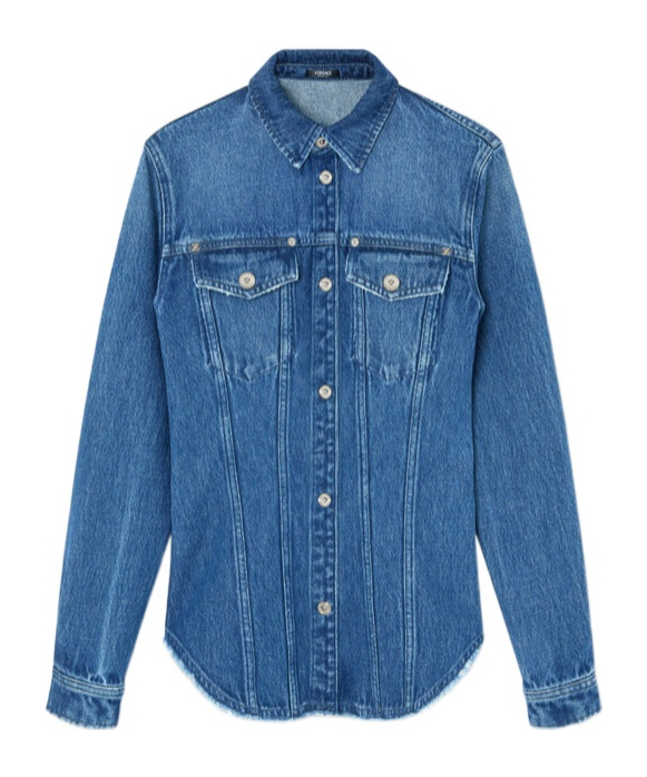 Versace Women Denim Shirt With Frayed Edges In Blue