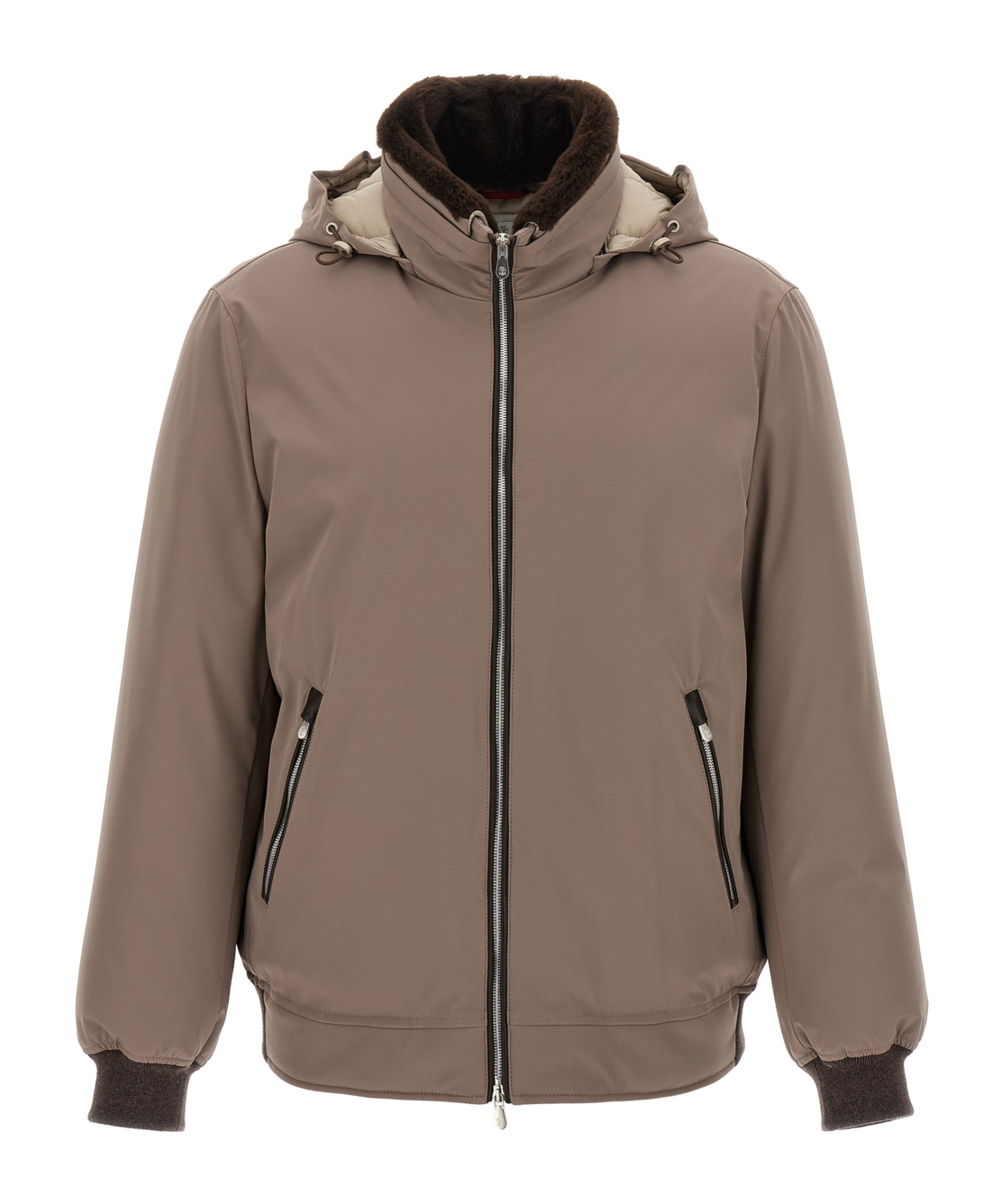 Brunello Cucinelli Sherling Neck Bomber Jacket Puffer Jackets Gray In Brown