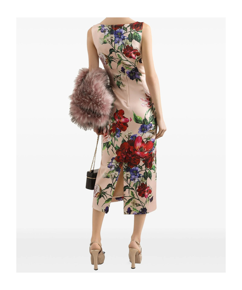 Dolce & Gabbana Satin Calf-length Sheath Dress With Floral Print In Nude