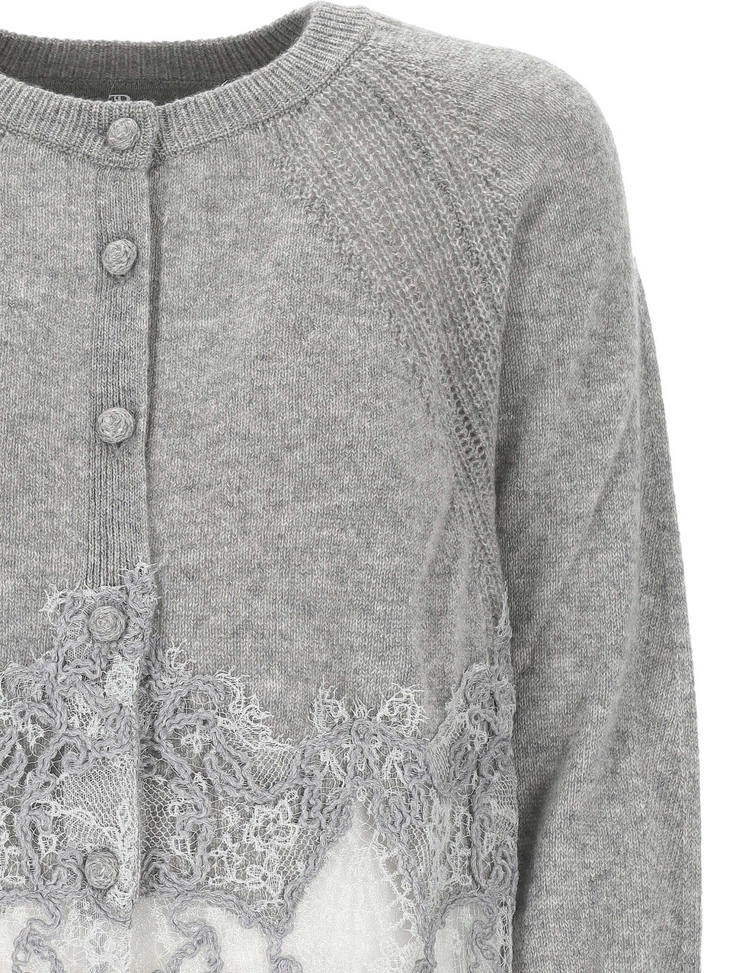 Ermanno Scervino Cropped Cardigan In Pure Cashmere With Mandarin Collar And Rebrode Lace In Gray