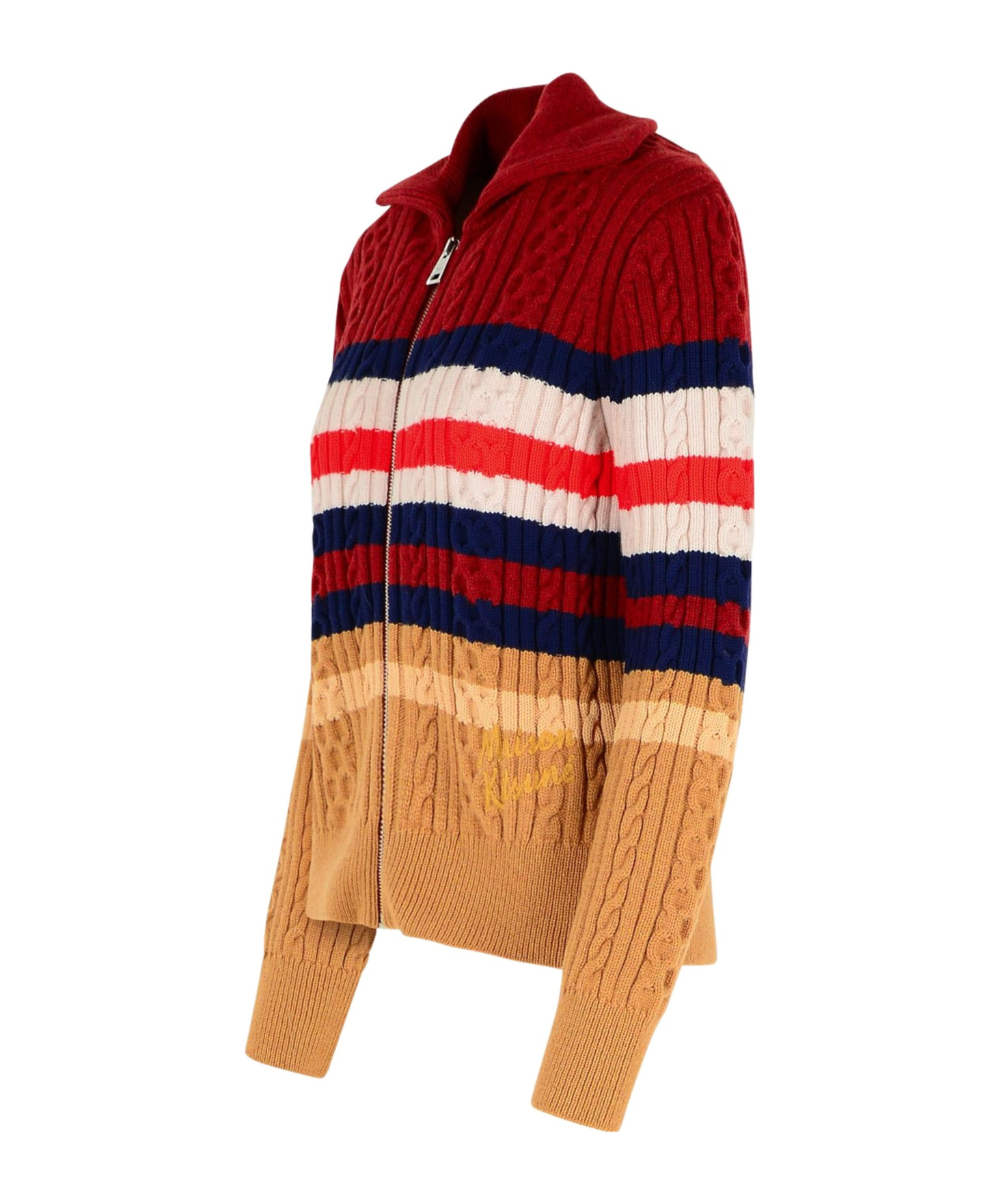 Shop Maison Kitsuné Striped Cable Zipped Cardigan In Brown