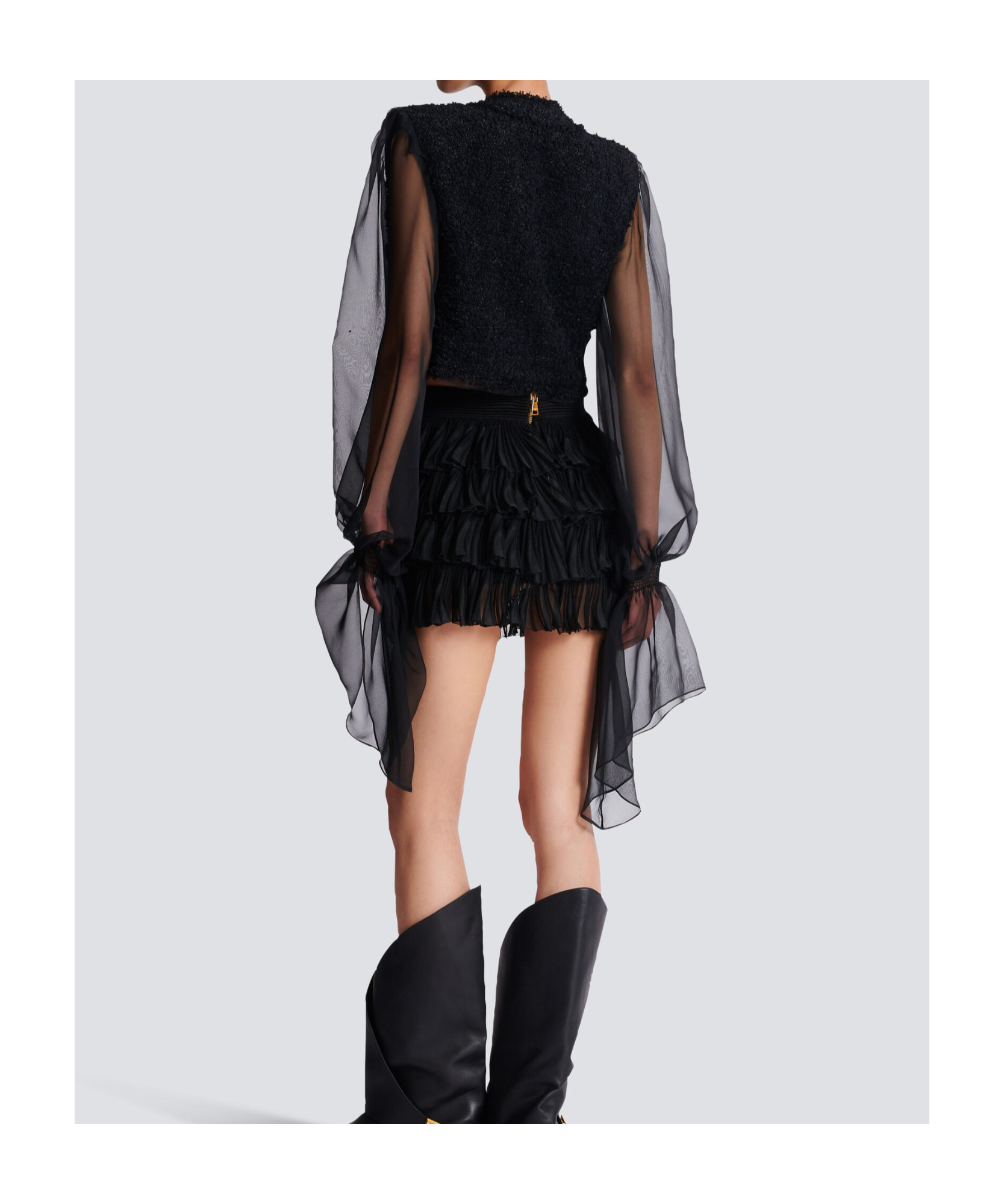 Balmain Edge-to-edge Tweed And Chiffon Jacket In Black