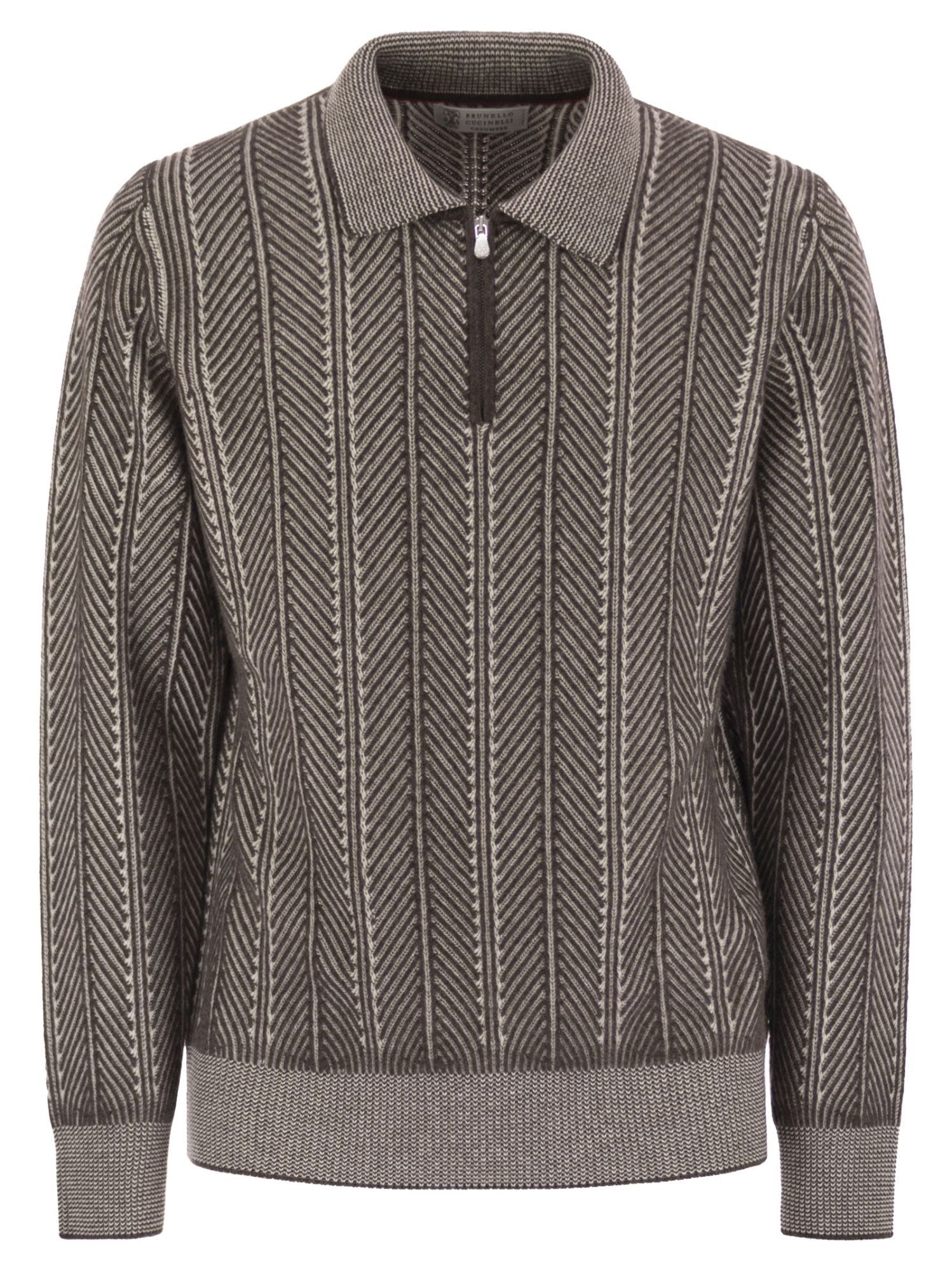 Brunello Cucinelli Herringbone-pattern Zipped Polo Shirt In Gray
