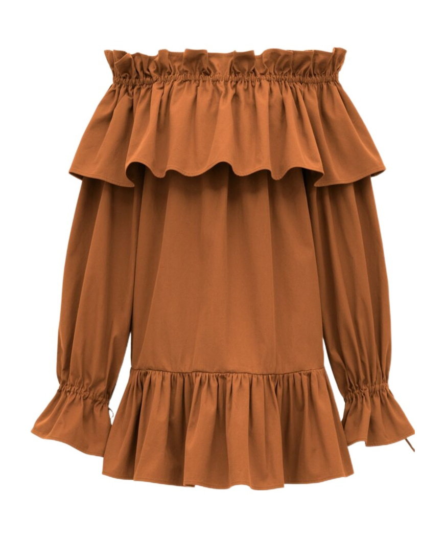 Saint Laurent Brown Ruffle Dress With Bare Shoulders In Cotton Twill Woman In Brown