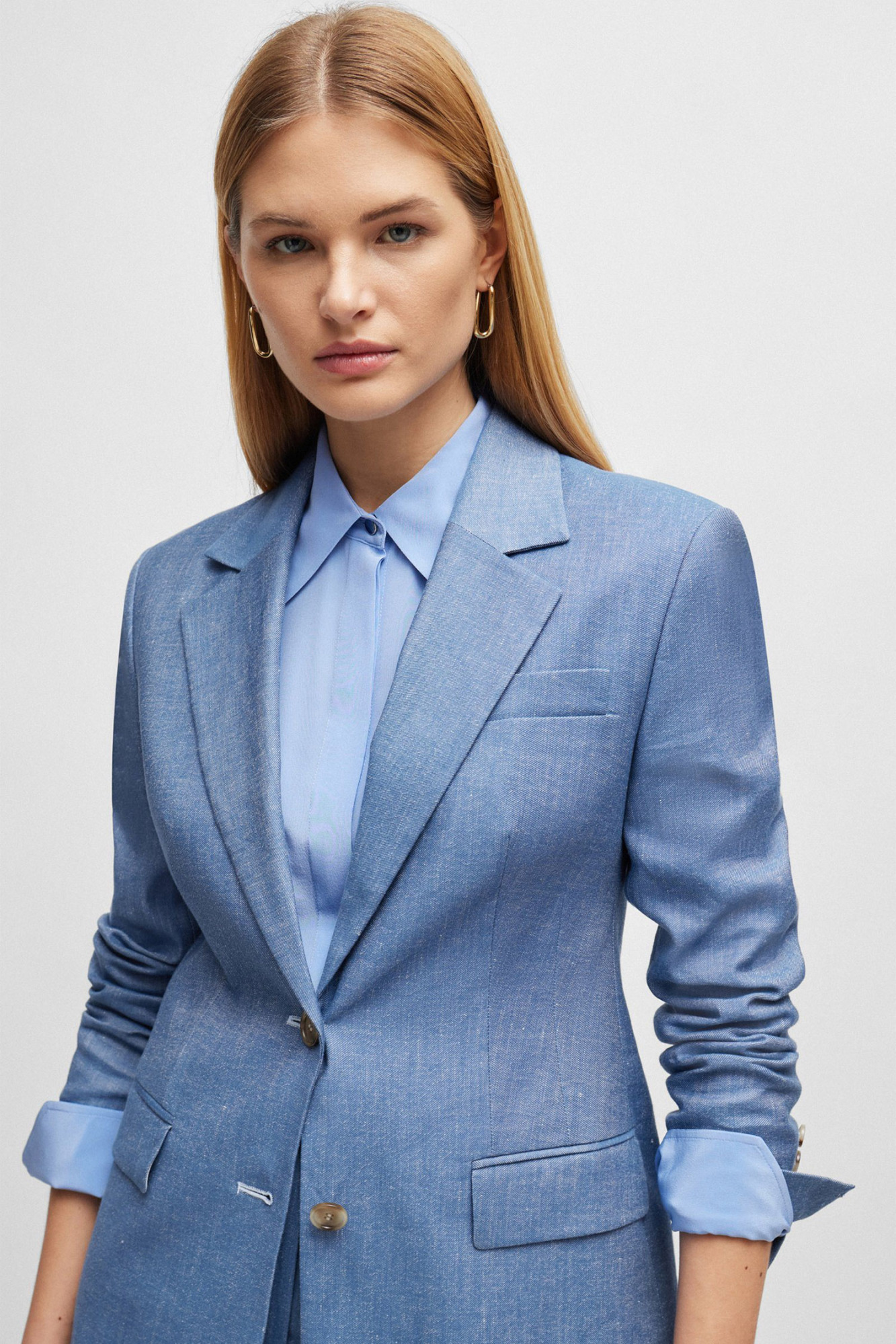 Hugo Boss Women's Single-breasted Jacket In Linen, Cotton And Stretch In Blue