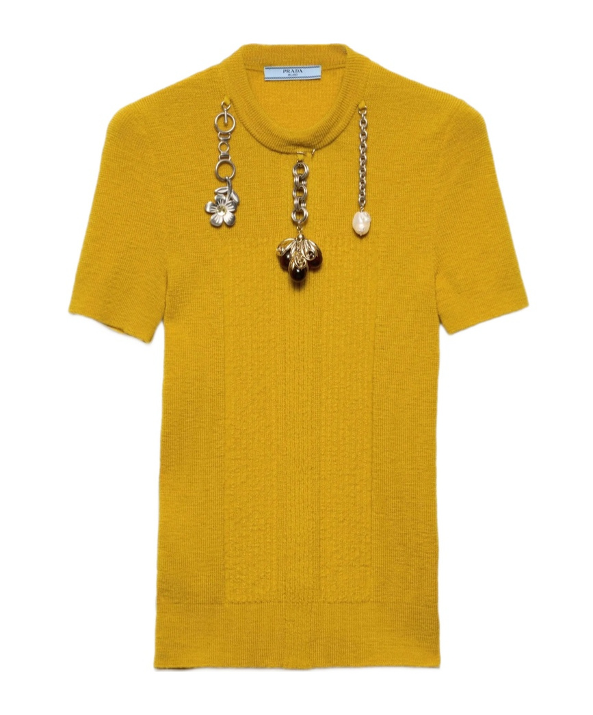 Prada Chain Embroidered Wool Knit Short-sleeve Sweater In Yellow
