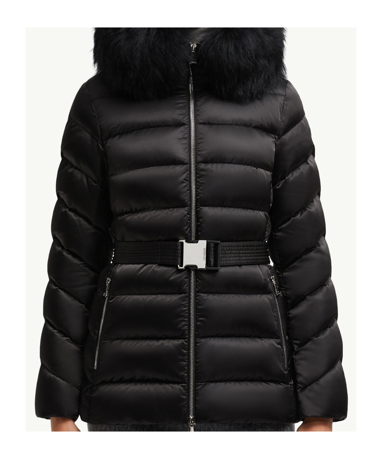 Moncler Cupidone Hooded Shearling-trimmed Short Down Jacket In Black
