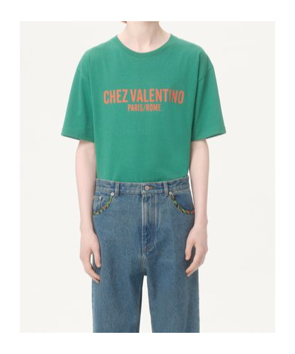 Valentino Cotton T-shirt With Chez Print In Green