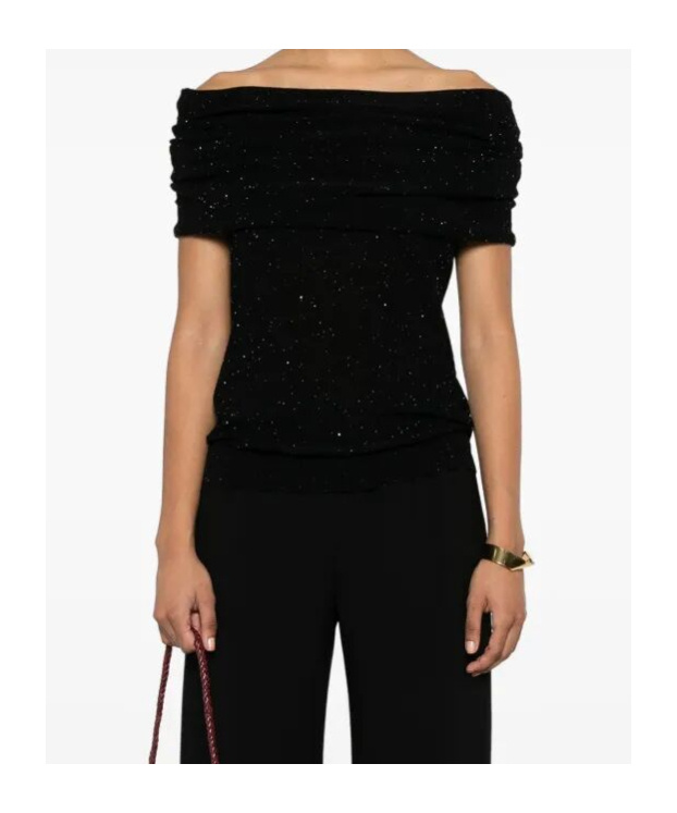 Roberto Collina Wool Top With Micro Sequins And Draped Detail In Black