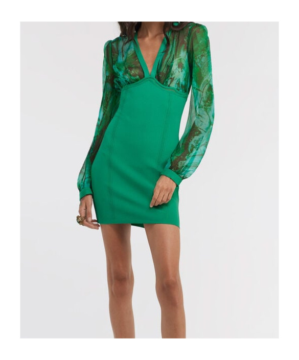 Roberto Cavalli V-neckline Fitted Silhouette Mini Length Sheer Long Sleeves In Green