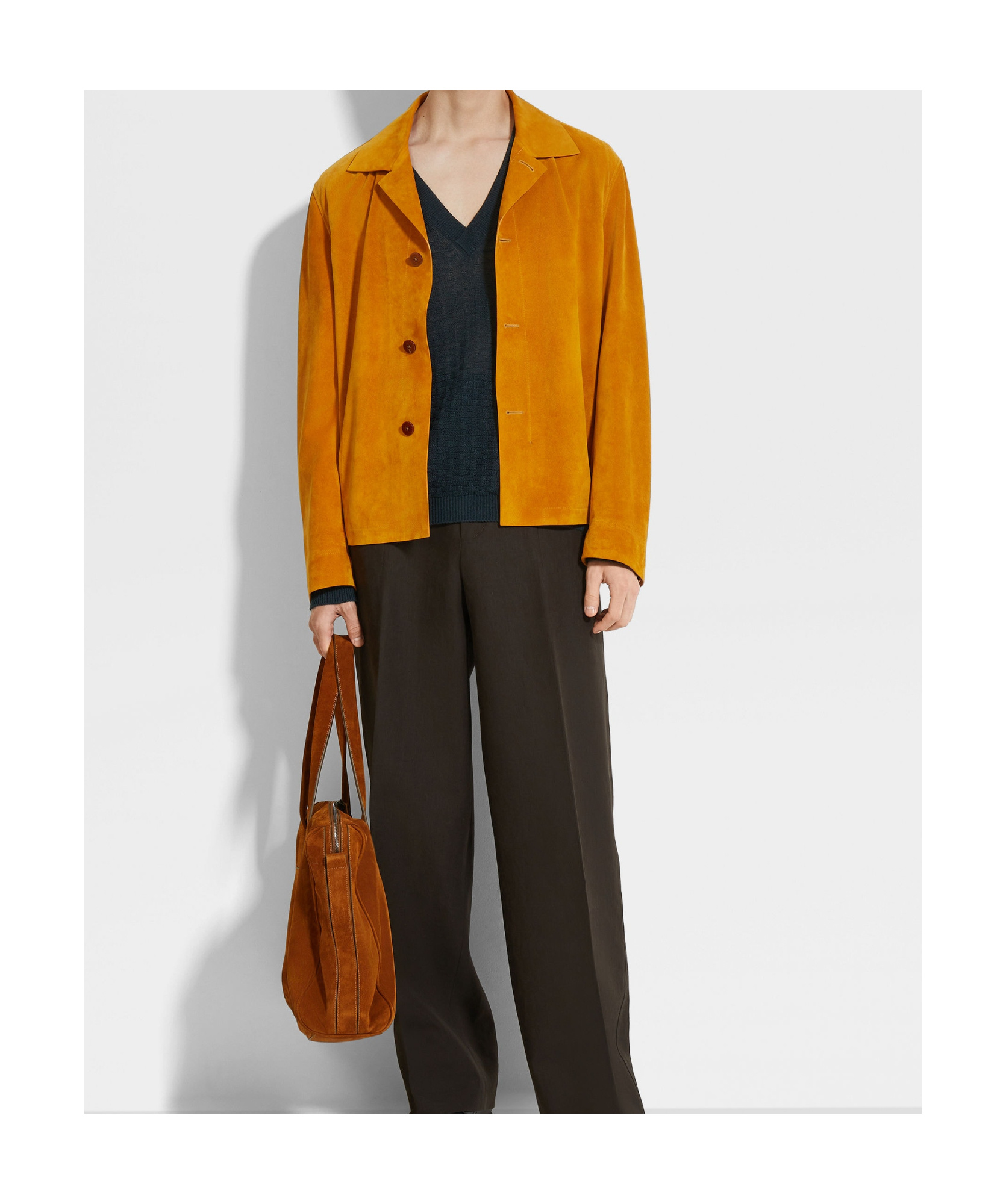 Zegna Ocher Leather Regular Fit Shirt Jacket In Orange