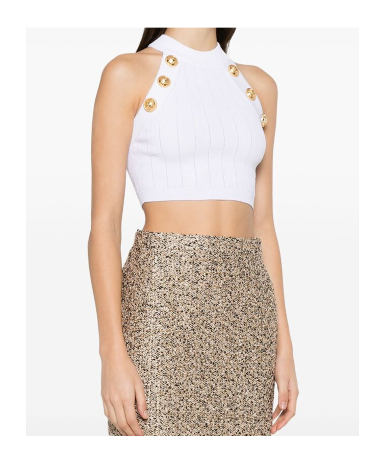 Balmain Halterneck Knit Cropped Top With Gold Buttons In White