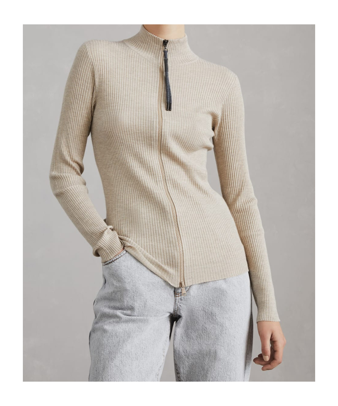 Brunello Cucinelli Cashmere-blend Zip-front Top In Nude