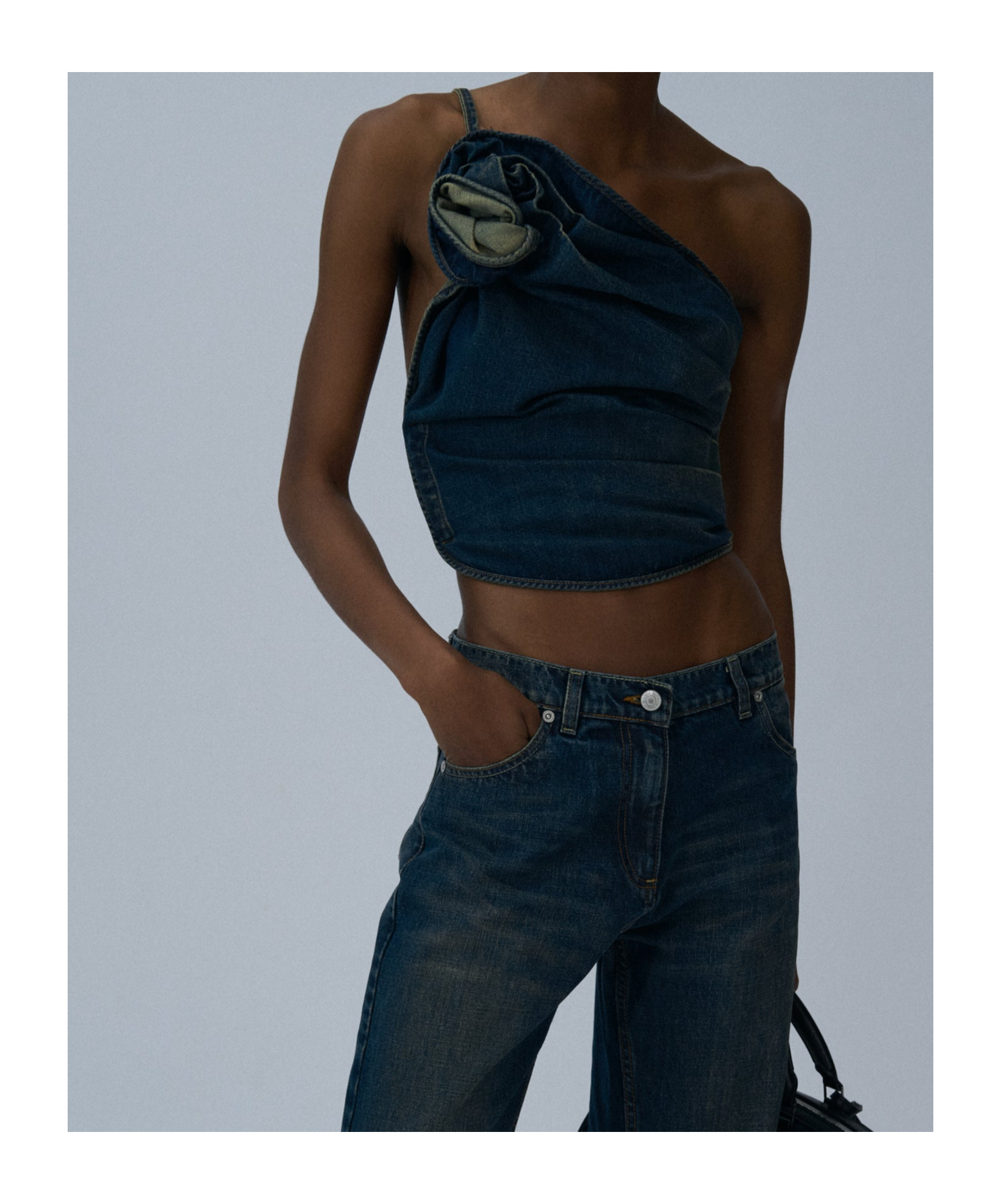 Magda Butrym Asymmetric Denim Floral One-shoulder Ruched Top In Blue