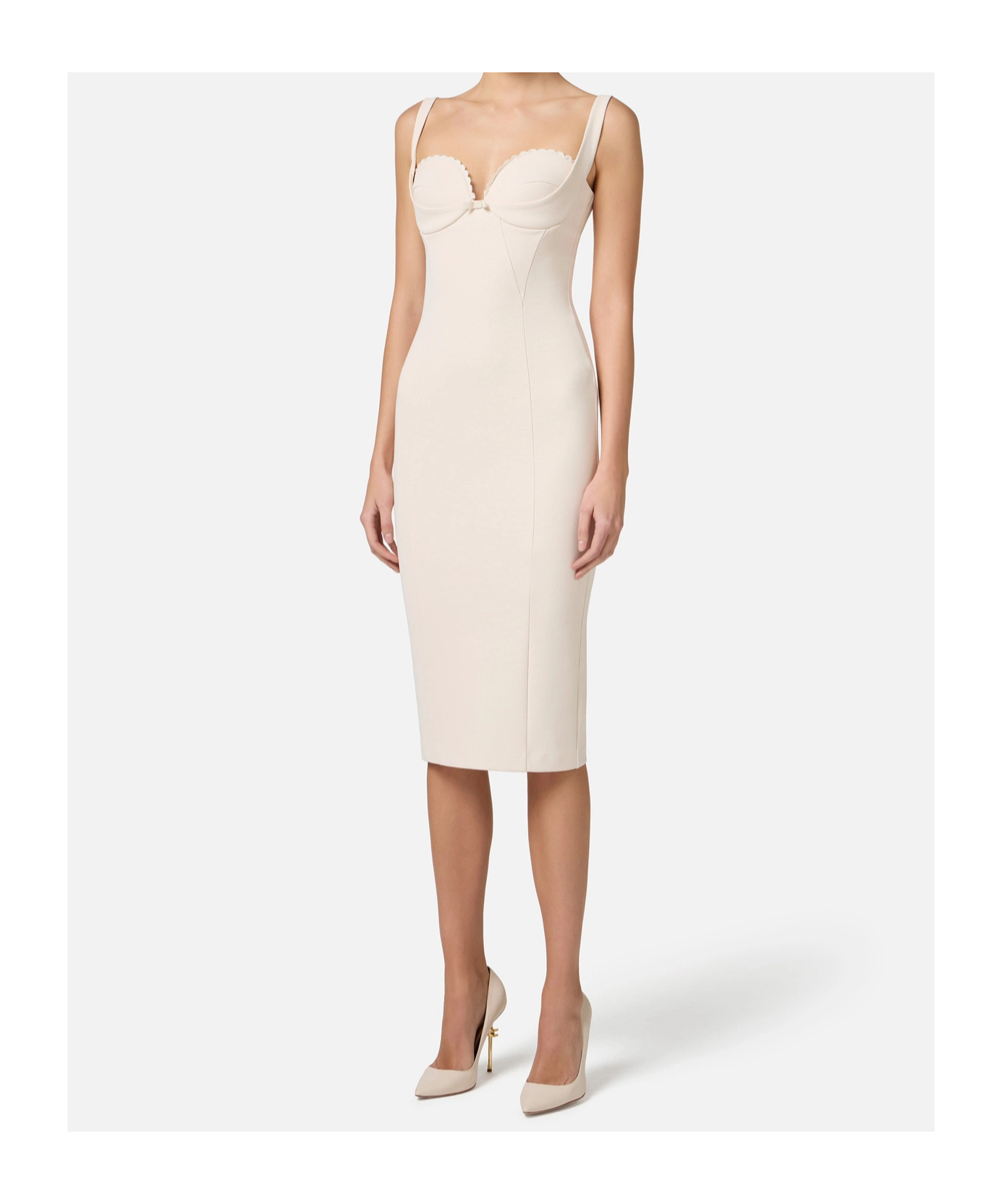 Elisabetta Franchi Dress With Embroidered Scallop In Butter Color