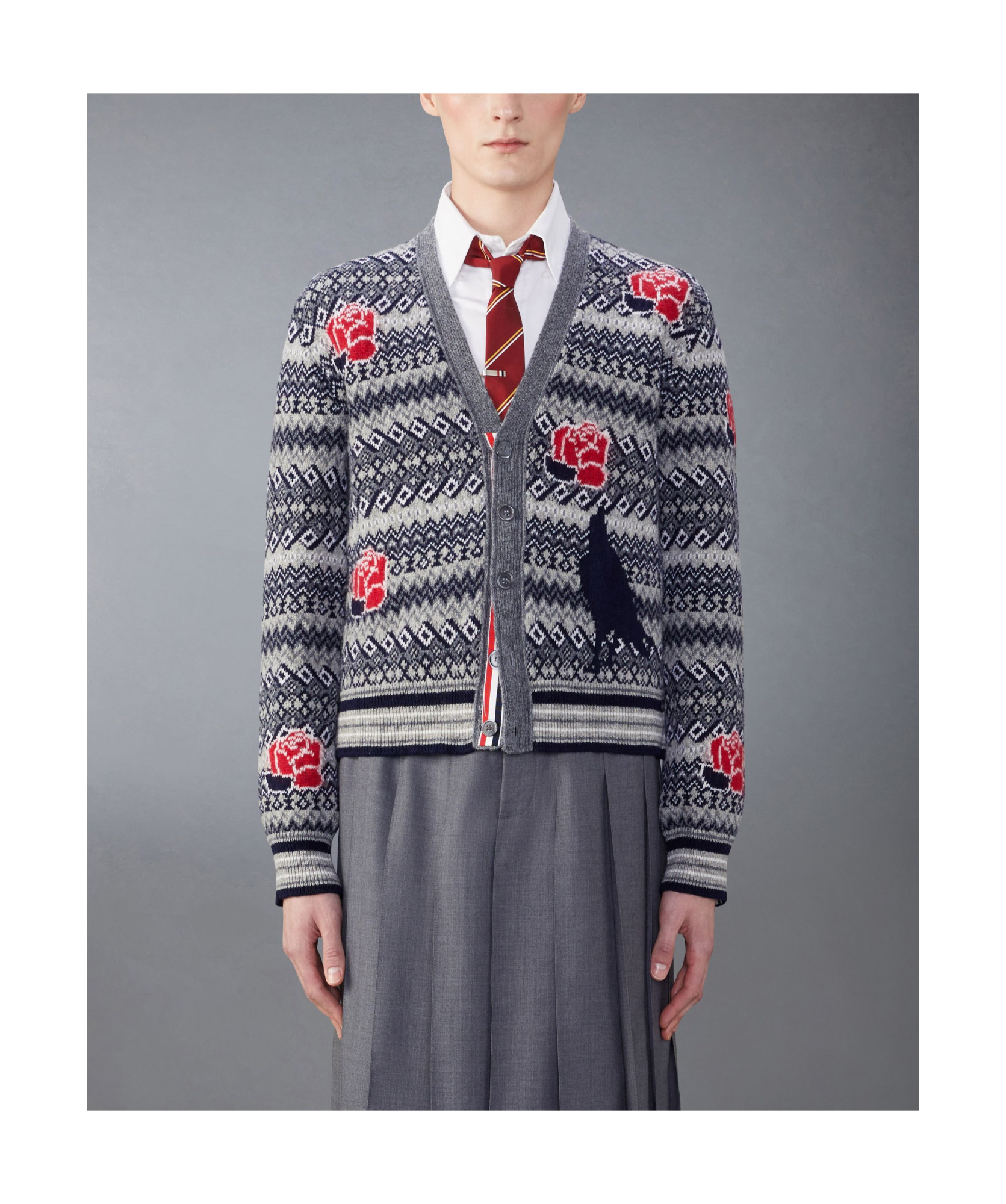 Shop Thom Browne Intarsia-knit Wool-blend Cardigan In Gray