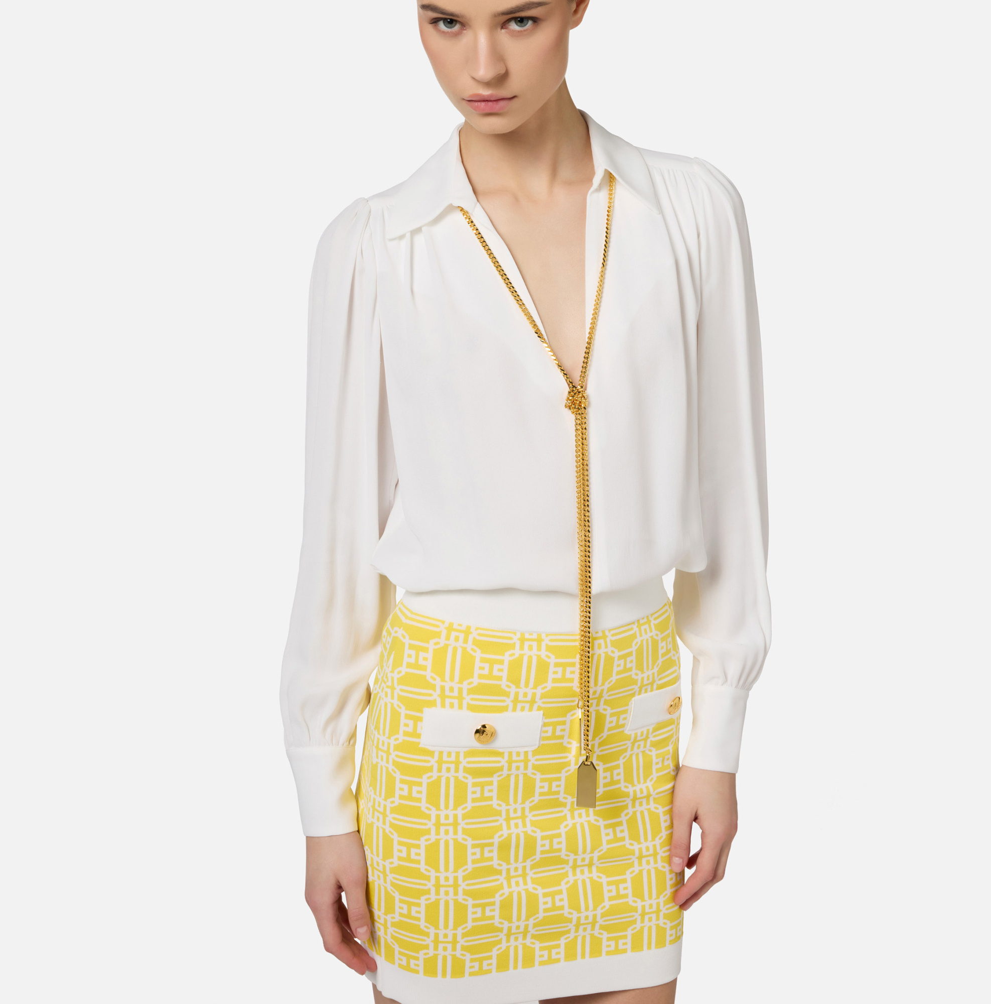 Elisabetta Franchi Georgette Blouse With Charms Necklace In White