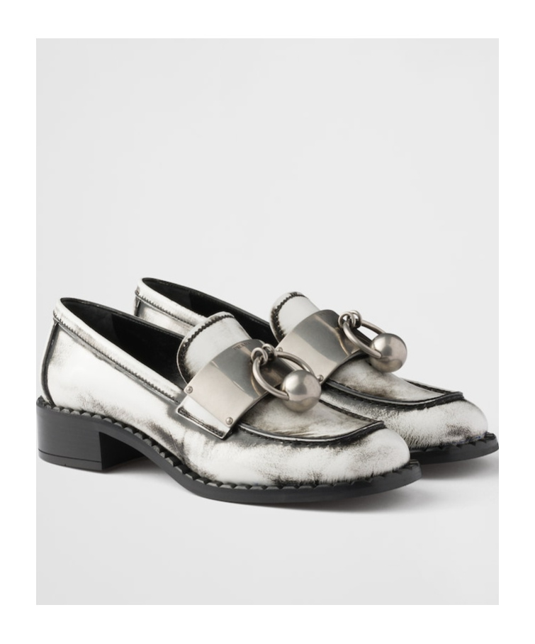 Shop Prada Brushed Leather Loafers With Metal Details In White