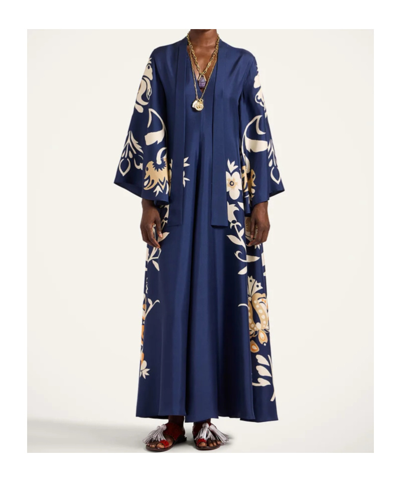 La Doublej Scarf-detailed Printed Silk-twill Maxi Dress In Blue
