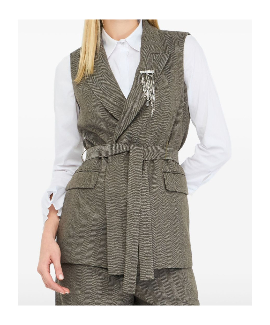 Liu •jo Chevron Brooch Waistcoat In Green