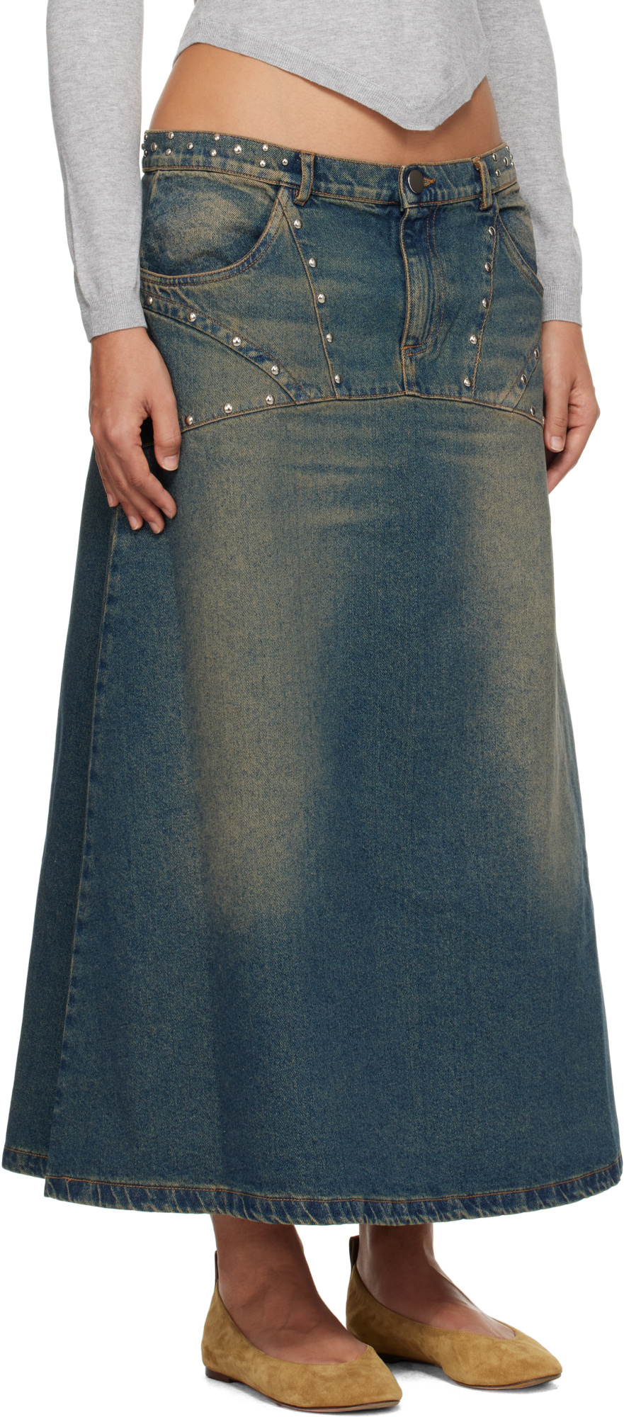 Gimaguas Blue Studded Denim Maxi Skirt In Blue