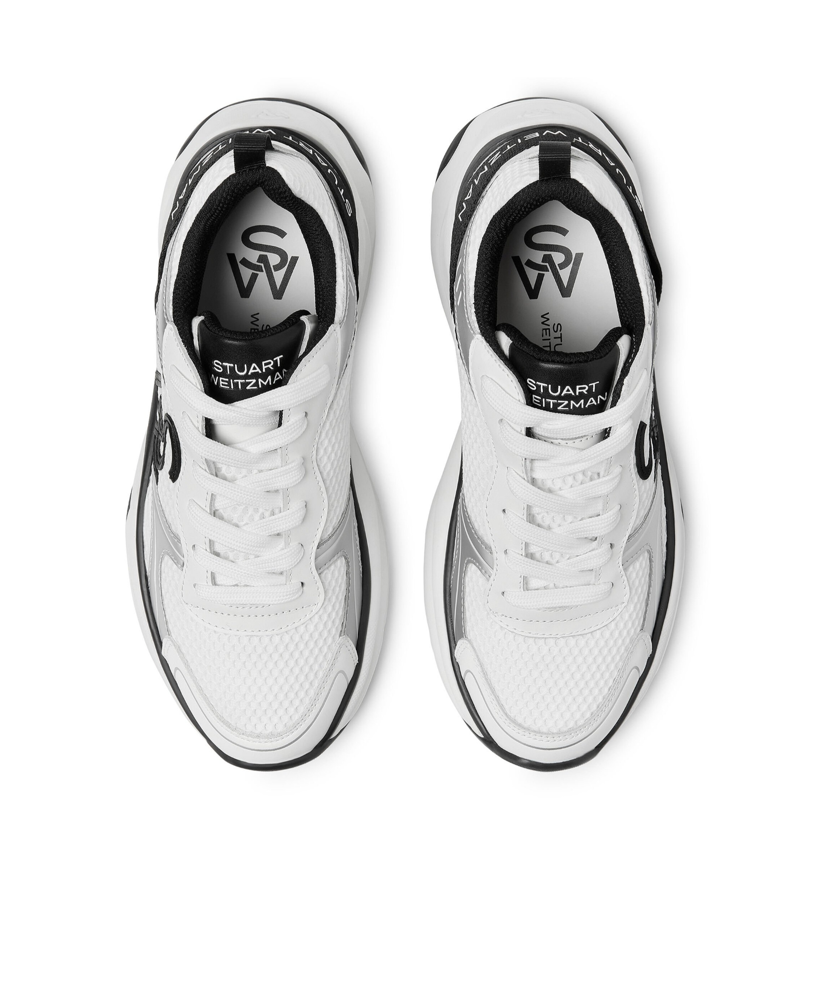 Stuart Weitzman , Sw Trainer, Sneakers, White/black/grey, Mesh/calf Leather In White