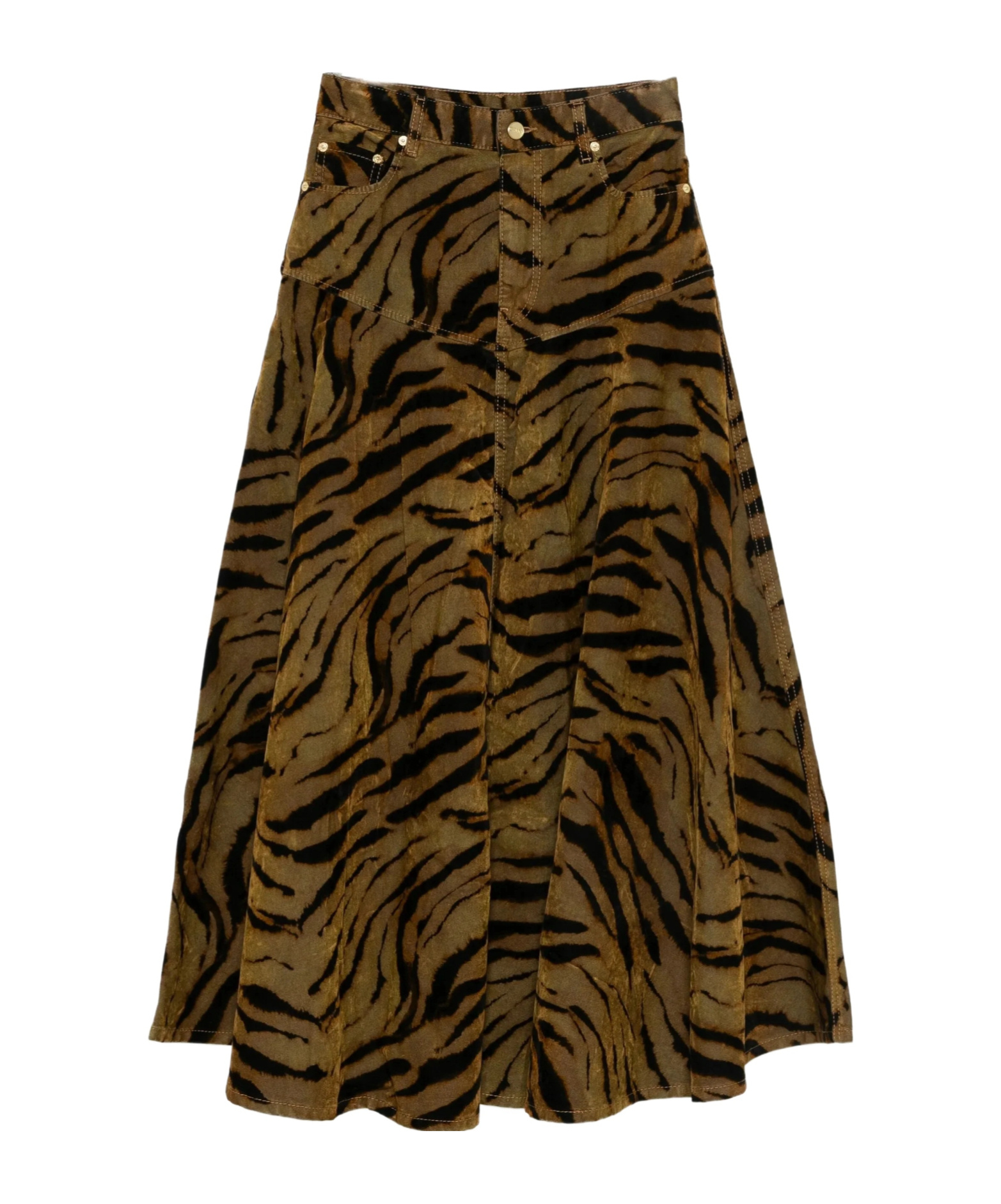 Ganni Tiger-print Denim Maxi Skirt In Brown
