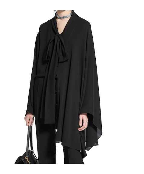 Balenciaga Asymmetric Black Silk Blouse With Scarf In Black