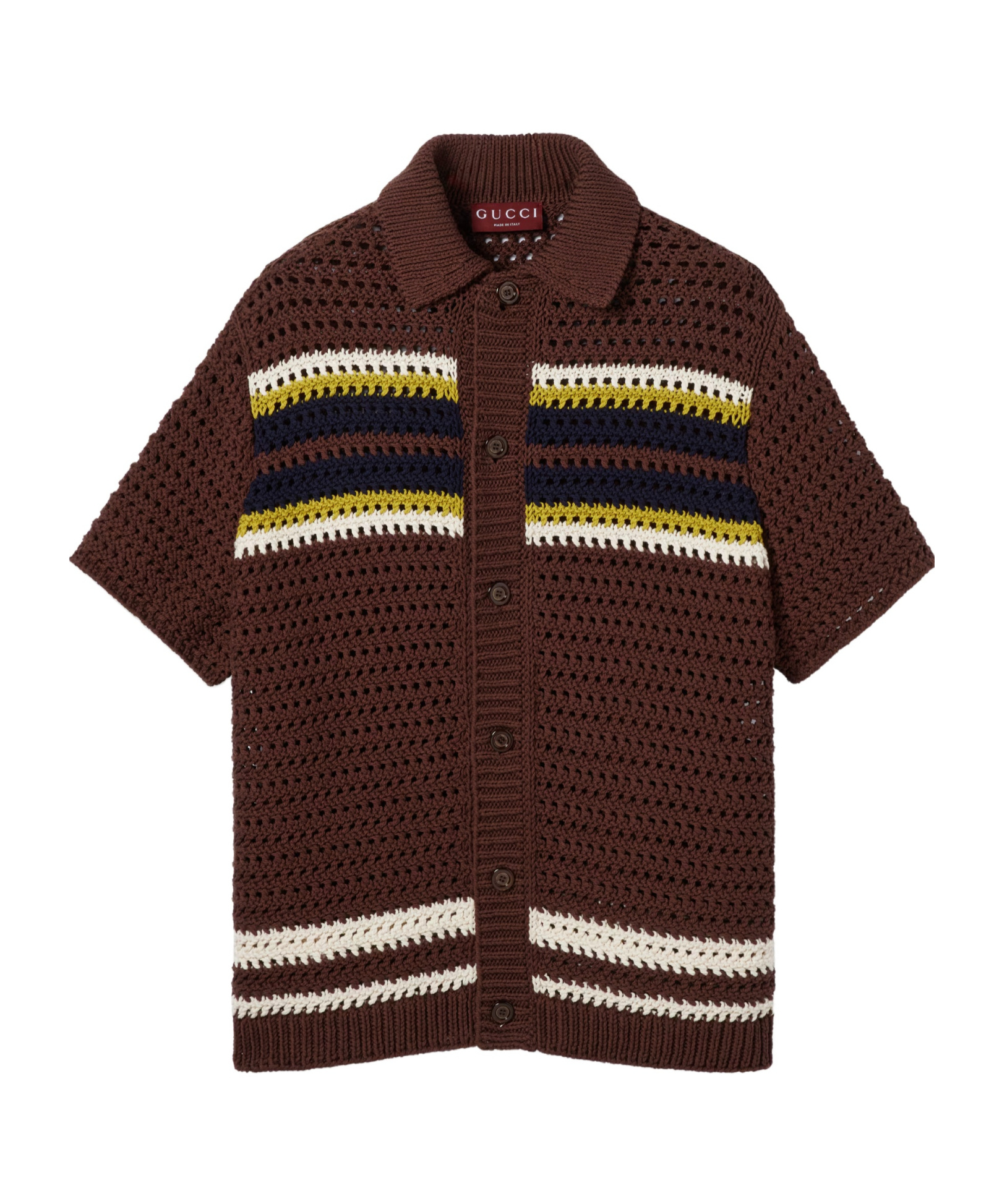 Gucci Crochet Cotton Knit Polo Shirt With Stripes In Brown