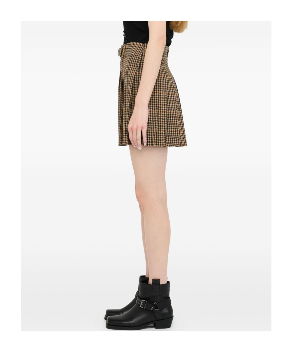 Liu •jo Pleated Checkered Mini Skirt With Decorative Belt In Brown
