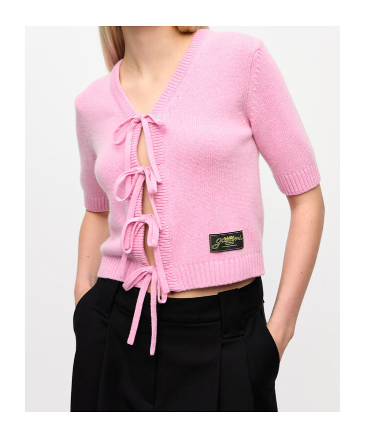 Ganni Womens V-neck Short-sleeves Wool-blend Cardigan Primrose Pink In Pink