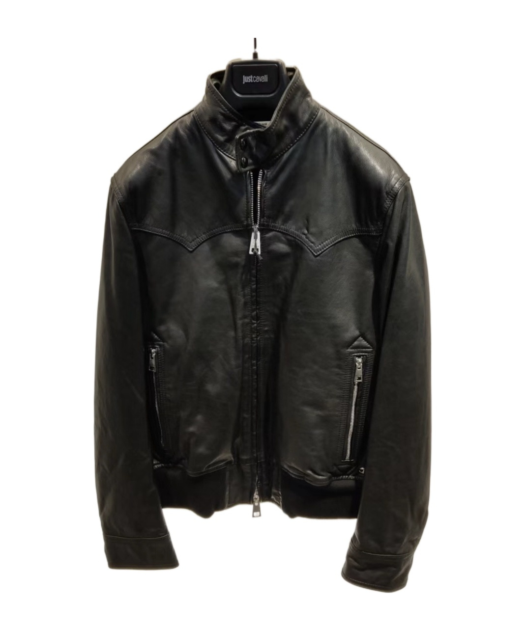 Just Cavalli Long-sleeved Leather Jacket In Black