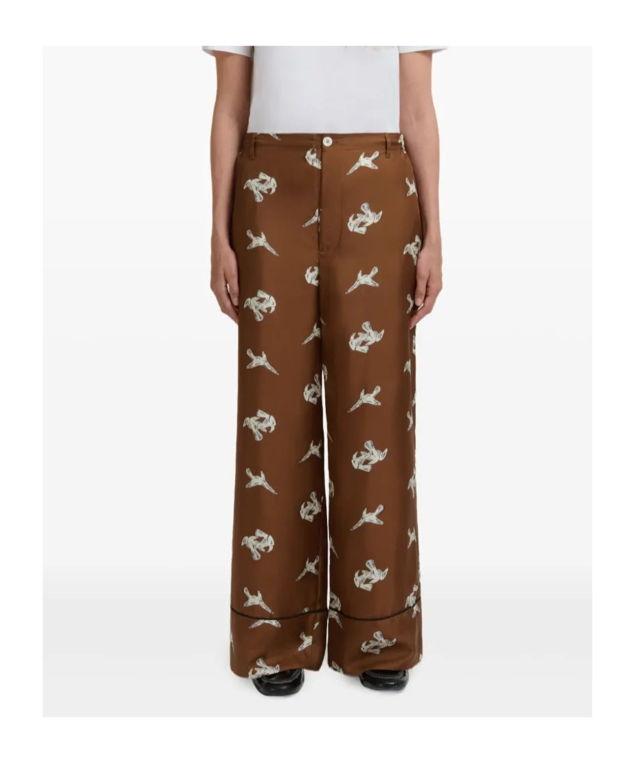 Marni Brown Silk Twill Trousers With Raven Print In Brown