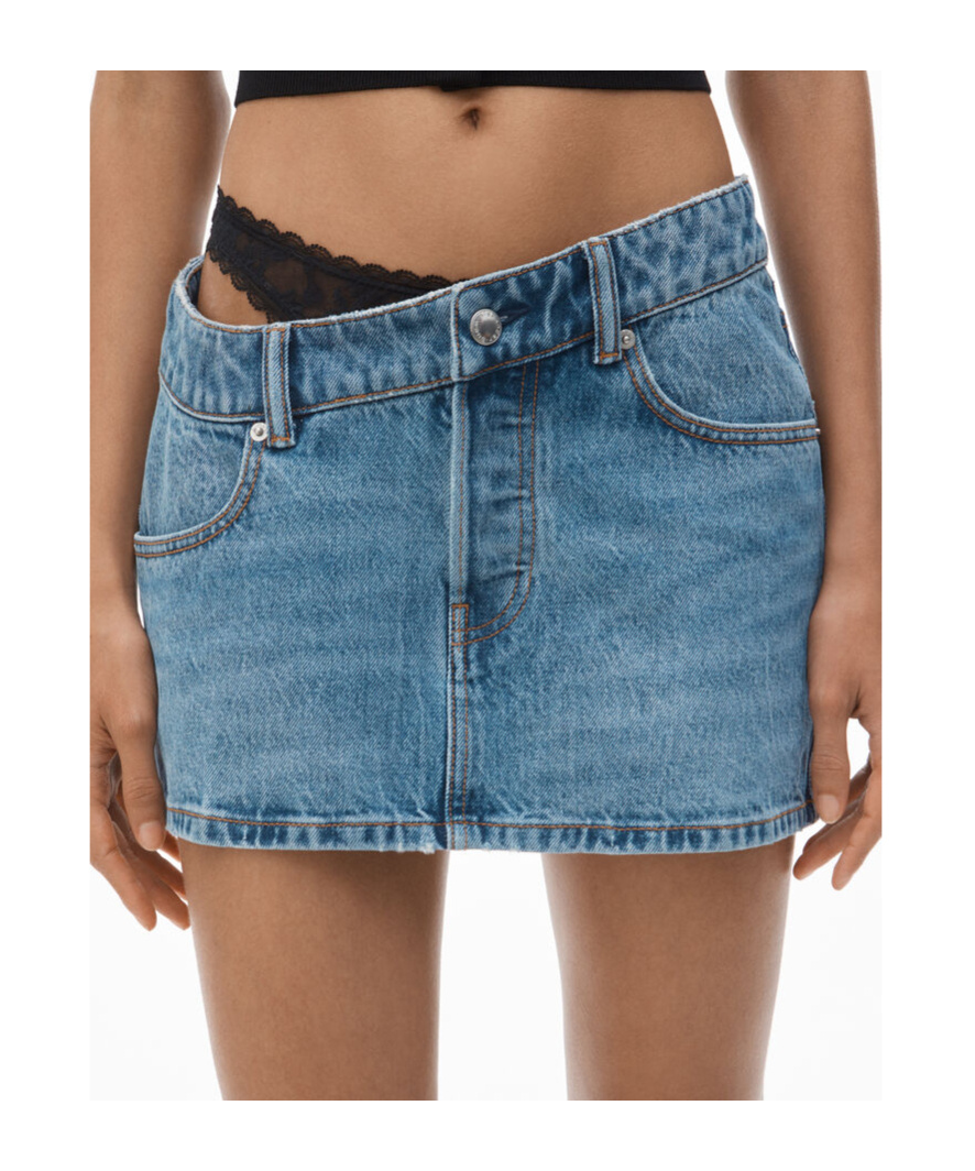 ALEXANDER WANG ASYMMETRIC LACE-DETAIL DENIM SKIRT